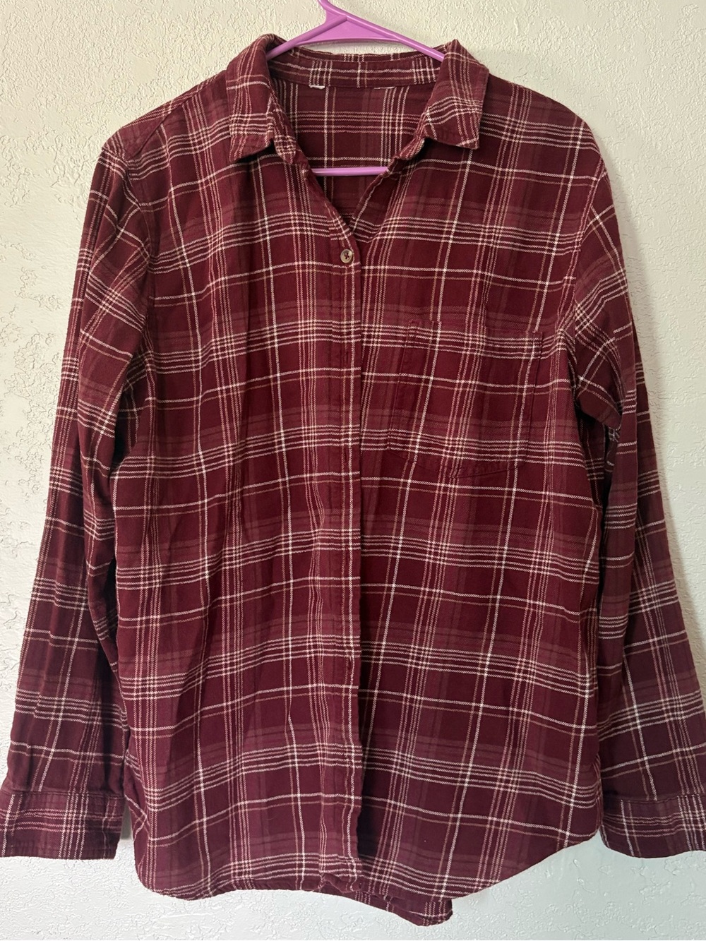 Women’s maroon plaid button down shirt